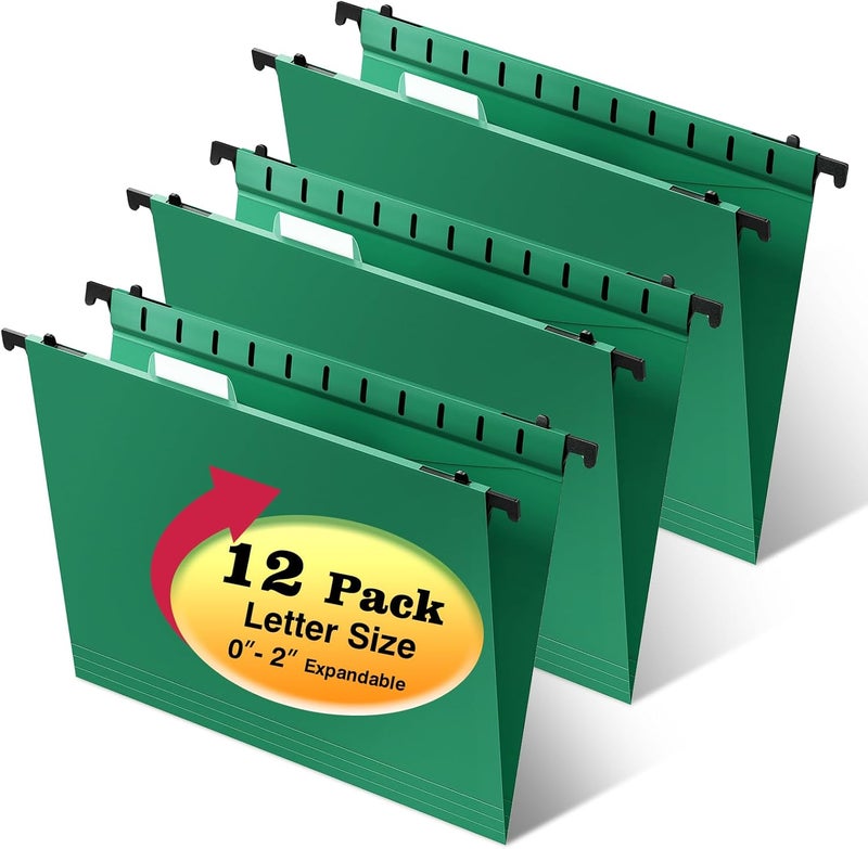 SHUTEX Plastic Hanging File Folders,Letter Size,Reinforced Hang Folders,Standard File Folders for Filing Cabinet,Plastic Hanging Folders,1/5-Cut Tabs,Designed for Home and Office,Green,12 Pack - Image 1